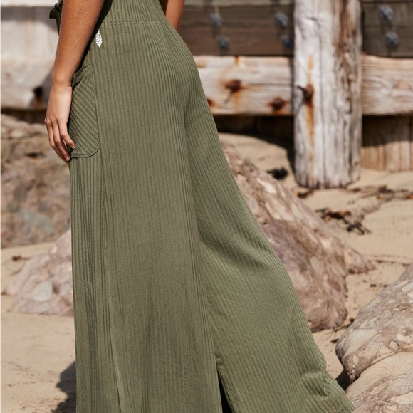 FREE PEOPLE MOVEMENT BLISSED OUT WIDE LEG PANTS CARGO GREEN RIBBED - Picture 3 of 7